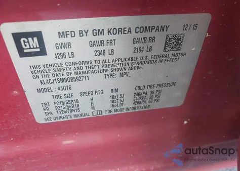 2016 Buick Encore Sport Touring from USA, damaged, VIN KL4CJ1SM8GB592711